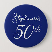 ネイビーエレガントブルーモノグラム50th誕生日パーティー 缶バッジ (正面)