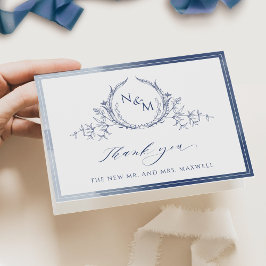 ネイビーエレガントブルーモノグラム、水彩画結婚像 サンキューカード
