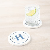 ネイビーエレガントブルーラウンドカスタムモノグラムイニシャル コースター (側面)