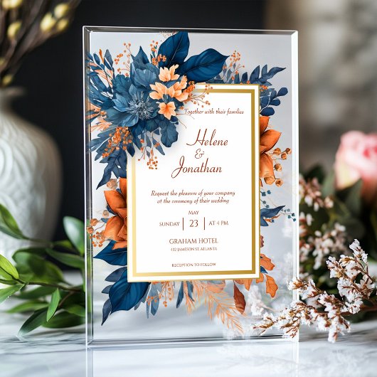 ネイビーエレガントブルーラストウォーター色ボホ結婚ズ アクリル招待状