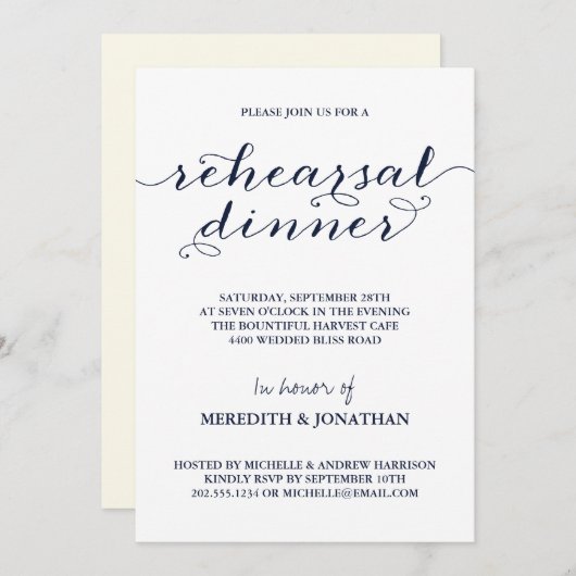 ネイビーエレガントブルーリハーサルディナー 招待状 (正面/裏面)