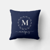 ネイビーエレガントブルーリースモノグラパーソナライズされたム クッション (裏面)