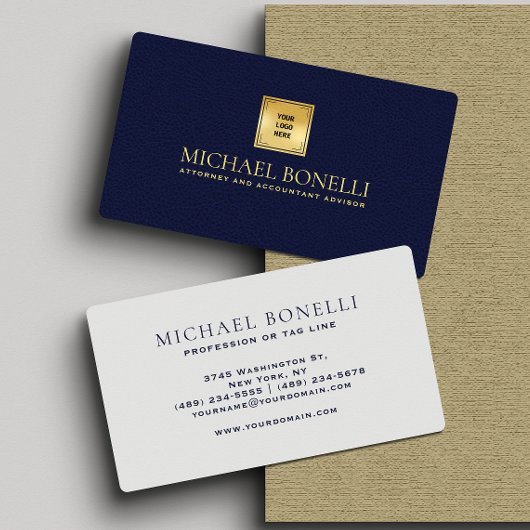 ネイビーエレガントブルーレザープロフェッショナルあなたのロゴ 名刺
