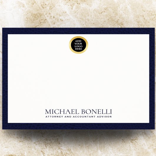 ネイビーエレガントブルーレザー金ゴールドラウンドロゴモノグラム ノートカード