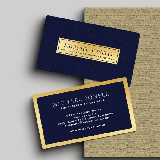 ネイビーエレガントブルーレザー金ゴールドラベルプロフェッショナル 名刺