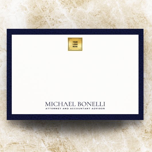 ネイビーエレガントブルーレザー金ゴールドロゴモノグラム ノートカード