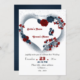 ネイビーエレガントブルーレッドフローララブハート 招待状