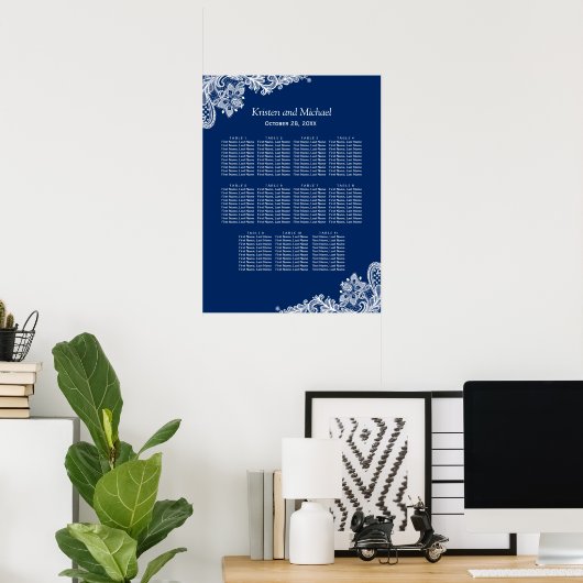 ネイビーエレガントブルーレース結婚のシーティングチャート ポスター (ホームオフィス)