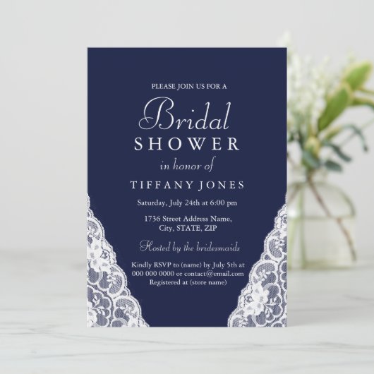 ネイビーエレガントブルーレース結婚ブライダルシャワー 招待状 (スタンド正面)