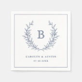 ネイビーエレガントブルーローレルリースズ結婚モノグラム スタンダードカクテルナプキン (正面)