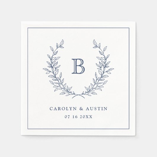 ネイビーエレガントブルーローレルリースズ結婚モノグラム スタンダードカクテルナプキン (正面)