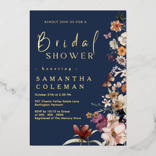 ネイビーエレガントブルーワイルドフラワーボホブライダルシャワー 箔招待状 (正面)