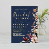 ネイビーエレガントブルーワイルドフラワーボホブライダルシャワー 箔招待状 (立ち正面)