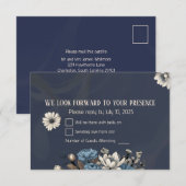 ネイビーエレガントブルーワイルドフラワー結婚ズ 出欠カード (正面/裏面)