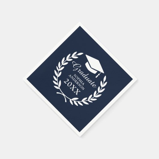 ネイビーエレガントブルー名前をカスタムする卒業エンブレム スタンダードカクテルナプキン (角)