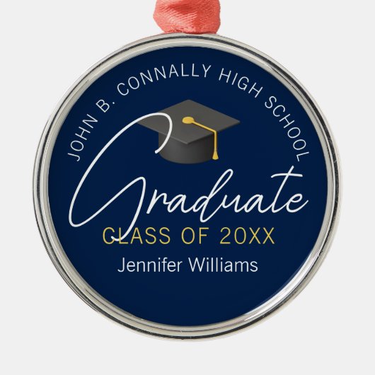 ネイビーエレガントブルー大学院クリスパーソナライズされたマス メタルオーナメント (正面)