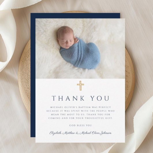 ネイビーエレガントブルー宗教十字写真 サンキューカード