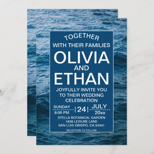 ネイビーエレガントブルー海ビーチコースト結婚ーズ 招待状 (正面/裏面)