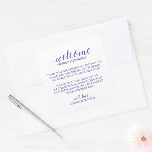 ネイビーエレガントブルー結婚の歓迎抱き枕バスケット スクエアシール (封筒)