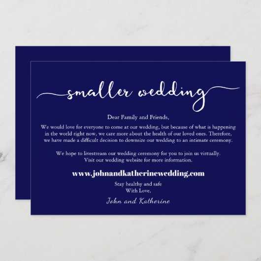 ネイビーエレガントブルー結婚スモール発表 セーブザデート (正面/裏面)