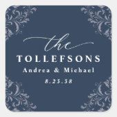 ネイビーエレガントブルー結婚式の引き出物スクエアステッカー スクエアシール (正面)