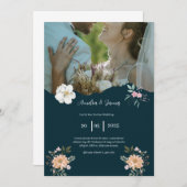 ネイビーエレガントブルー結婚式招待状 招待状 (正面/裏面)