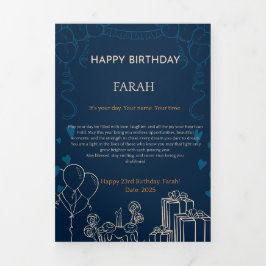 ネイビーエレガントブルー誕生日カード 三つ折りカード