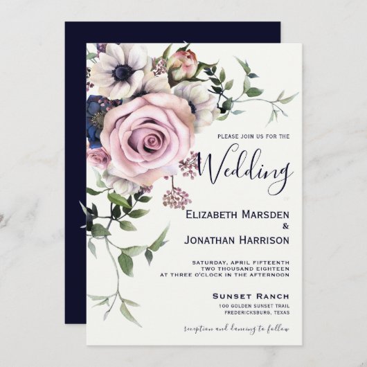 ネイビーエレガントブルー赤面バラヴィンテージフローラ 招待状 (正面/裏面)