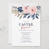 ネイビーエレガントブルー赤面ピンクフローライースターブランチ 招待状 (正面)