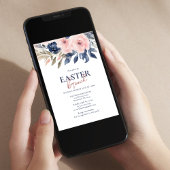 ネイビーエレガントブルー赤面ピンクフローライースターブランチ 招待状