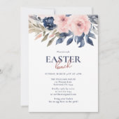 ネイビーエレガントブルー赤面ピンクフローライースターランチ 招待状 (正面)