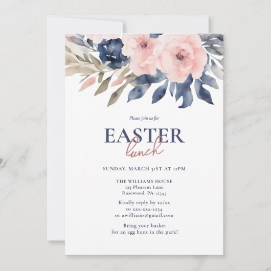 ネイビーエレガントブルー赤面ピンクフローライースターランチ 招待状 (正面)