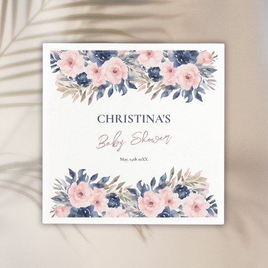 ネイビーエレガントブルー赤面ピンクフローラベビーシャワー スタンダードカクテルナプキン