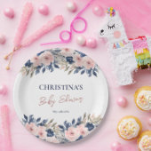 ネイビーエレガントブルー赤面ピンクフローラベビーシャワー ペーパープレート (パーティー)