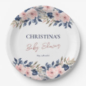 ネイビーエレガントブルー赤面ピンクフローラベビーシャワー ペーパープレート (正面)