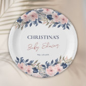 ネイビーエレガントブルー赤面ピンクフローラベビーシャワー ペーパープレート