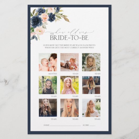 ネイビーエレガントブルー赤面ピンクブライダルシャワーゲーム (正面)