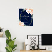 ネイビーエレガントブルー赤面金ゴールドピーチフローラズ結婚 ポスター (ホームオフィス)