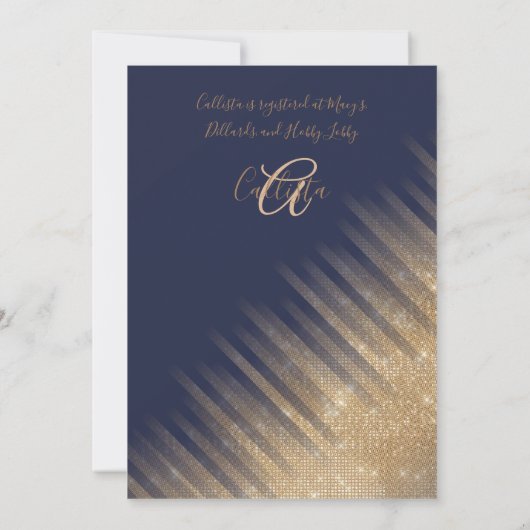 ネイビーエレガントブルー金ゴールドグリッタードレスブライダルシャワー 招待状 (裏面)