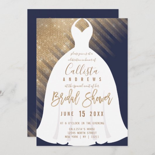 ネイビーエレガントブルー金ゴールドグリッタードレスブライダルシャワー 招待状 (正面/裏面)