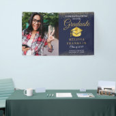 ネイビーエレガントブルー金ゴールドグリッター写真卒業 横断幕 (トレードショー)