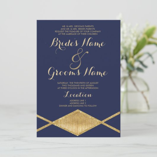 ネイビーエレガントブルー金ゴールドグリッター幾何結婚体 招待状 (スタンド正面)