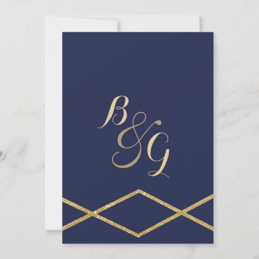 ネイビーエレガントブルー金ゴールドグリッター幾何結婚体 招待状 (裏面)