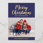 ネイビーエレガントブルー金ゴールドスクリプトクリスマスフォト 箔シーズンカード (正面)