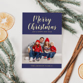 ネイビーエレガントブルー金ゴールドスクリプトクリスマスフォト 箔シーズンカード