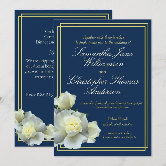 ネイビーエレガントブルー金ゴールドスクリプトホワイトローズ結婚ズ 招待状 (正面/裏面)