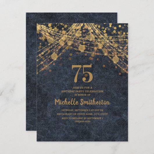 ネイビーエレガントブルー金ゴールドストリングライト75th 招待状 (正面/裏面)