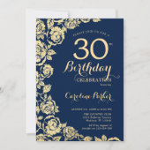 ネイビーエレガントブルー金ゴールドバラ30歳の誕生日 招待状 (正面)