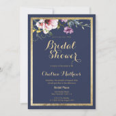 ネイビーエレガントブルー金ゴールドピンクフローラブライダルシャワー 招待状 (正面)