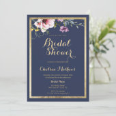 ネイビーエレガントブルー金ゴールドピンクフローラブライダルシャワー 招待状 (スタンド正面)